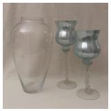 Clear Glass Vase and Blue Candle Holders (2)