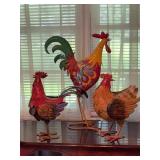 Three Painted Metal Rooster Figures
