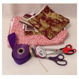 Fabric, Scissors, Ribbon, and Crafting Lot