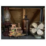 Vintage RexRay Fan, Oil Lamp, Amber Jug, Boat