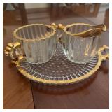Vintage Glass Sugar Bowl, Cream Pitcher & Tray Set