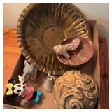 Decor Items: Brass Bowl, Figurines, Stone Dish