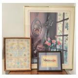 Framed Art Lot: Cross-Stitch, Horses, Mandolin