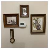 Framed Bird Prints and Thermometer Assortment