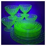 Uranium Depression Glass Set, Cubic Pattern