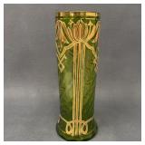 Art Nouveau Green Glass Vase with Gilt and Ecru