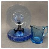 Blue US Glass Aunt Polly Plates and Cream Pitcher