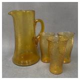 LE Smith By Cracky Amber Pitcher and 3 Tumblers