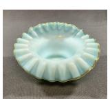 Victorian Blue Cased Satin Glass Ruffled Bowl