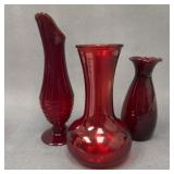 3 Vintage Red Glass Vases