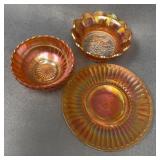 Marigold Carnival Glass Bowls and Plate Trio