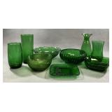 10pc MCM Green Glass Bowls, Tumblers & Vases