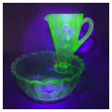 Jeanette Hex Optic Uranium Glass Pitcher and Bowl