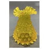 1960s Empoli Yellow Spike Hobnail Ruffled Vase 5"