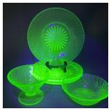 Uranium Glass Lot: Plates, Bowl, Sherbet Cup