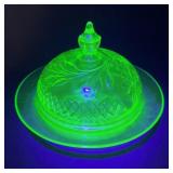 US Glass Co Uranium Glass Floral and Diamond Dish