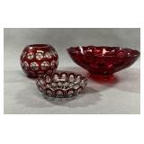 Ruby Red Glass Compote, Rose Bowl Vase, Dish Trio