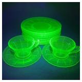 Vintage Uranium Glass Plates, Teacups and Saucers