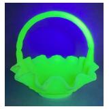Fenton Vaseline Glass Basket With Ruffled Edge