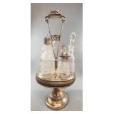 Silver Plate Cruet Set Etched Glass
