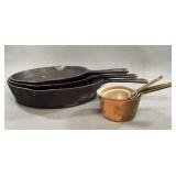 Cast Iron Skillets & Copper Measuring Cups Set