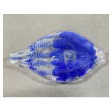 Blue and Clear Leaf-Shaped Art Glass Dish