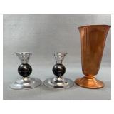 2 Iron Art Pewter Candleholders & Chase Vase