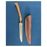 Fixed Blade Knife with Stag Handle, Leather Sheath