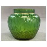 Green Iridescent Art Glass Vase, Leaf Motif