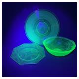 Three Green Uranium Glass Dishes