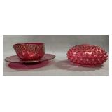 Red Bowl, Saucer, and Hobnail Fairy Lamp Shade