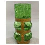 Green Pressed Glass Vase With Gold Metal Band