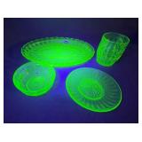 4 Uranium Glass Pieces, Bowl, Plate, Tumbler