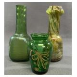 3 Art Glass Vases Green and Marbled