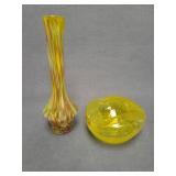 Art Glass Vase And Yellow Bowl