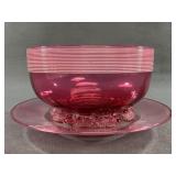 Cranberry Glass Bowl and Plate with Striped Rim