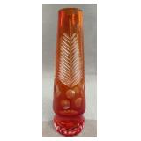 Red Cut to Clear Glass Vase with Leaf Motif
