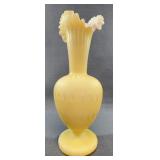 Yellow Satin Art Glass Vase With Ruffled Rim