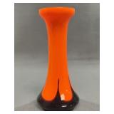 Orange Black Art Glass Vase, Flared Rim, 8 in