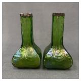 Pair Kralik Green Glass Bud Vases Silver Rim 5"