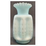 Blue Opalescent Hobnail Glass Vase, 8 Inches