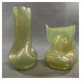 Pair Iridescent Green Art Glass Vases