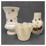 Three Gold and White Decorative Glass Vases