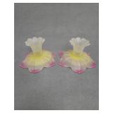 Pair Satin Glass Flower Candleholders