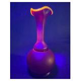 Iridescent Red Art Glass Vase with Ruffled Rim