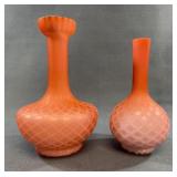 Pair Satin Diamond Quilt Pink Glass Vases