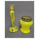 Yellow Art Glass Vase and Candlestick
