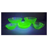 Green Uranium Glass Bowls and Cup, 5 Pieces