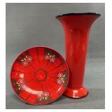 Red Art Glass Vase With Compote Bowl Set