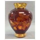 Bohemian Egermann Amber Stained Ruby Vase 8"